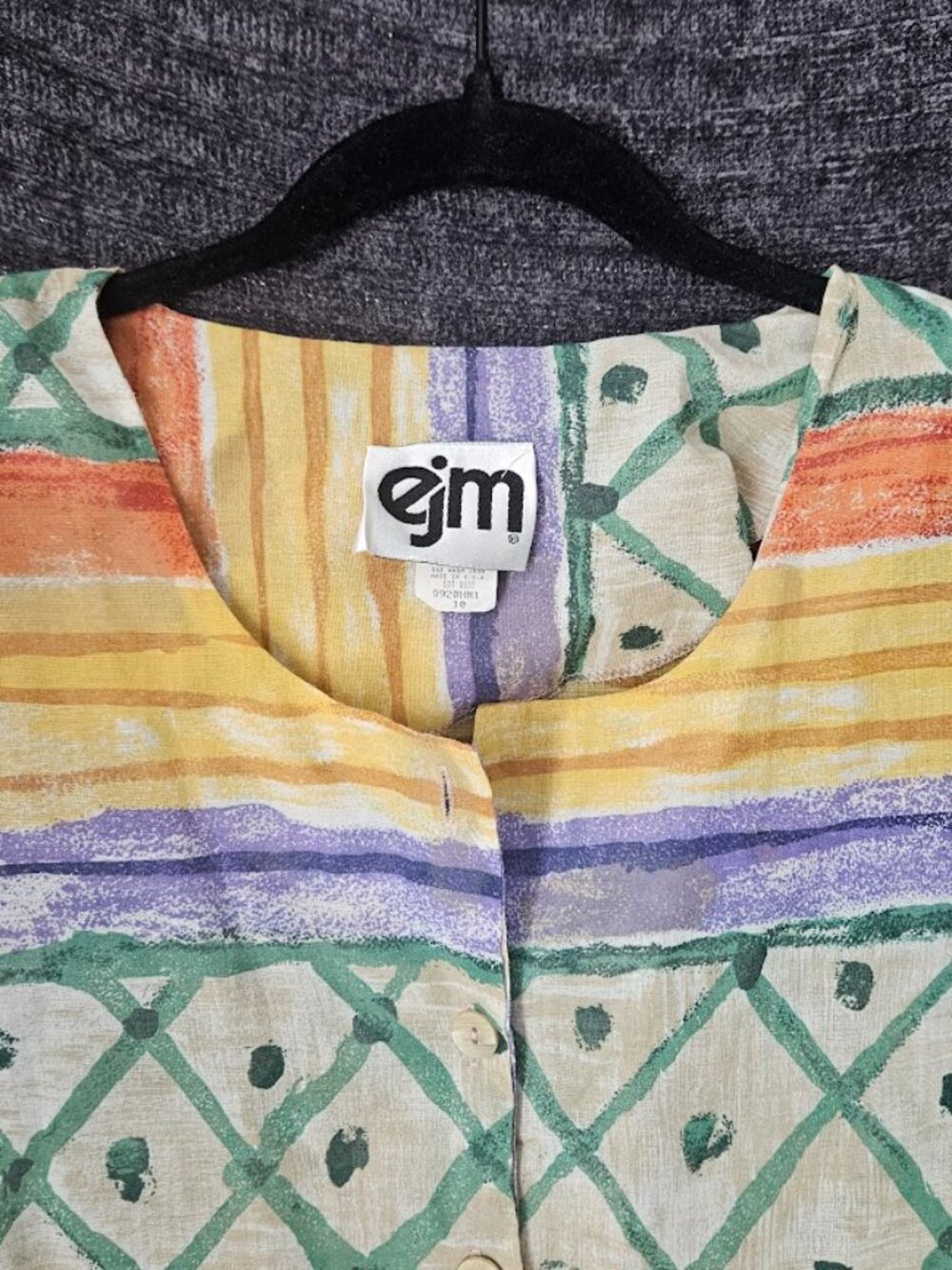 Vintage 80's Abstract Midi EJM Dress Short Sleeve Button Front Size 10 Geometric - Picture 5 of 12